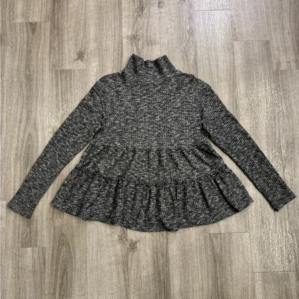 Anthropologie Eri + Ali Mock Neck Sweater Women Size Small Gray Tiered Ruffle